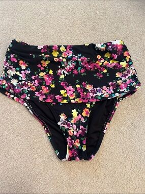 Lands' End Black Floral High-Waist Swim Bottoms